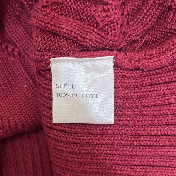 AmélieBoutik Women Cotton Turtleneck Cable Knit Long Sleeve Sweater Burgundy - Picture 6 of 8